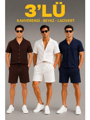 Efnaz Style Erkek 3’lü Krep Kumaş Cepli Gömlek Şort Takım Kısa Kollu Bağcıklı - Kahverengi, Beyaz, Lacivert