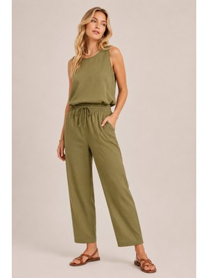 Sibel Günay Butik Kadın Tencel Kumaş Yeşil Kolsuz Bluz ve Bel Lastikli Cepli Ikili Takım