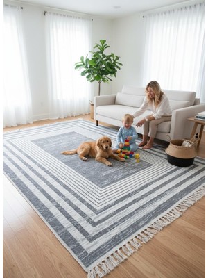 Kilim Çift Taraflı Bohem Seri Dokuma Kilim Gri-Beyaz (80 * 300 Cm)