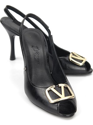 Gökhan Talay Valeria Peep Toe Fındık Burun (8 Cm) Altın V Toka Siyah Rugan Kadın Topuklu Ayakkabı