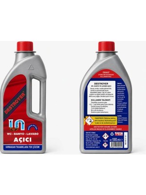 2 adet Destroyer 1000 ml Destroyer Lavabo Açıcı Sıvı Güçlü Formül ile Tıkanıklıkları Hızla Açar