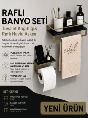 Edil Tasarım Raflı Banyo Seti Gold Siyah | Raflı Havlu Askılığı & Tuvalet Kağıtlığı 2'li Set