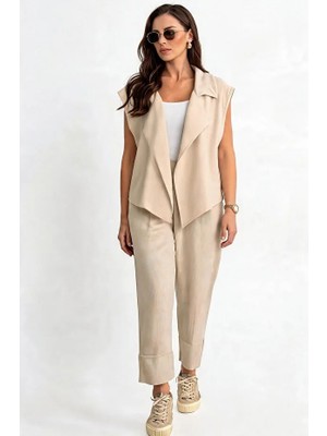 Tlg Giyim Kadın Ceket Yaka Bağlamalı Ham Keten Yelek Pantolon Takım