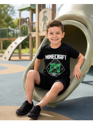 Ponki Minecrft Baskılı Siyah Şortlu Takım