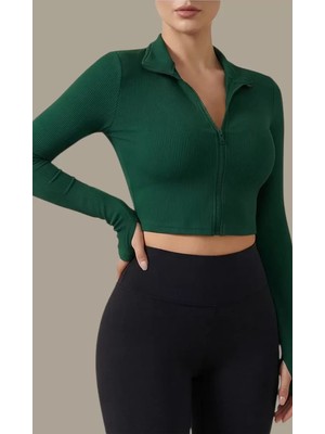 No 35 Concept Kadın Yeşil Uzun Kol Fermuarlı Parmak Geçme Detaylı Dik Yaka Crop Top Bluz