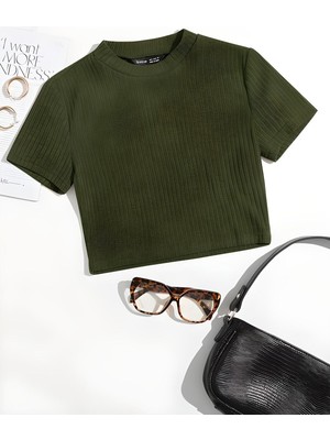 Öz Pamuk Kadın 2'li Adet Siyah Fitilli Bisiklet Yaka Kaşkorse Crop T-Shirt.