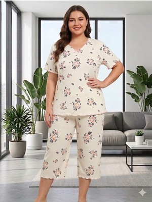 Asel Büyük Beden Kısa Kol Pamuklu Ultrasoft Likralı Kapri Pijama Takımı