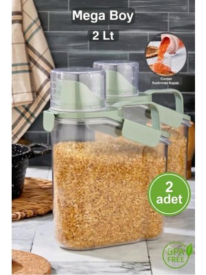 Vivart Bakliyat ve Deterjan Contalı Sızdırmaz Kapaklı Erzak Saklama Kabı - Ölçekli Bakliyat Kabı Düzenleyici- 1800 Ml- Yeşil-2 Adet