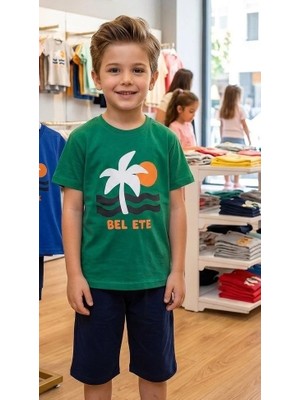 Ponki Palmiye Desenli Yeşil T-Shirt ve Lacivert Şortlu Takım