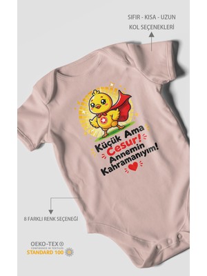 Morivo Kids Küçük Ama Cesur Annemin Kahramanıyım Kısa Kollu Bebek Body %100 Pamuk