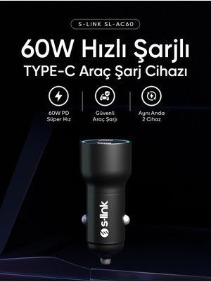 S-Link SL-AC60 60W Pd 3.0 Pd 30W + PD30W Siyah Araç Şarj Cihazı