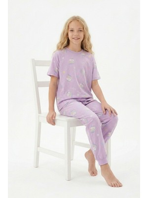İsobel Kids Kız Çocuk Karakter ve Çiçek Desenli %100 Pamuk Kısa Kollu Pijama Takımı