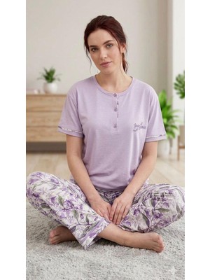 Bursa Pijama Kadın Kısa Kol Altı Uzun Ring Viskon Zambak Desen Pijama Takımı
