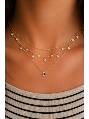 Trend Collection Kadın Gold Renk Üçlü Katmanlı Taşlı Yıldız Kolye