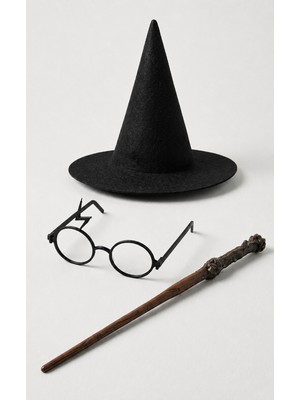 KG Harry Potter Çocuk Şapka Asa Gözlük 3'lü Kostüm Aksesuar Seti Sihirbaz Parti Cadı Şapkası Cadılar Bayramı Doğum Günü Siyah