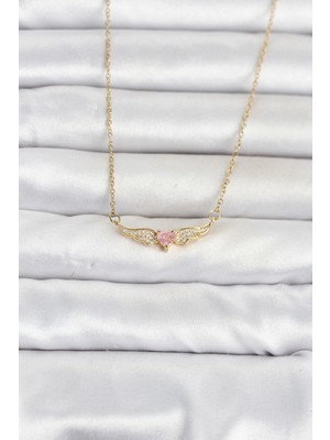 Marsilyan 316L Çelik Zincir Gold Renk Kanatlı Pembe Kalp Model Kadın Kolye TJ-BKO11074
