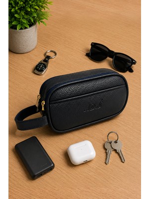Viatox Ar-01 Erkek Siyah Suya Dayanıklı Suni Vegan Deri Traşlık Bakım Seyahat El Çantası Portföy/clutch Lacivert