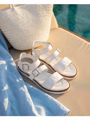 Futsi Shoes Garnet Beyaz Hakiki Deri Çift Toka Detaylı Kadın Sandalet Ayakkabı