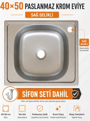 Compact 40X50 Paslanmaz Krom Eviye Sağ Delikli Tek Gözlü Sifon Seti Dahil