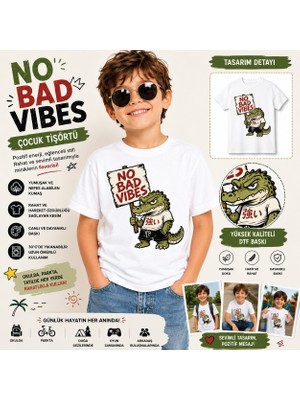 Tişört Kodu No Bad Vibes Baskılı Çocuk Tişörtü – Sevimli Timsah Tasarımlı