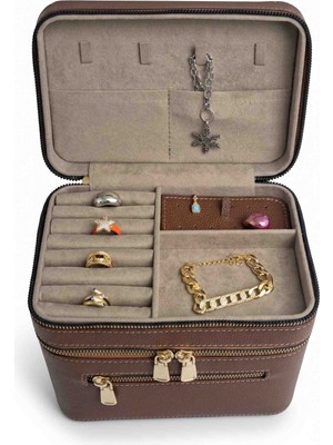 Moda Fiesta Premium Takı Kutusu ve Makyaj Çantası Aynalı Seyahat Düzenleyici Taba 17×14×14