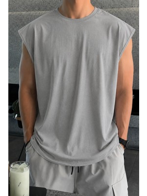 Tarz Cool Erkek Oversize Kolsuz Tişört %100 Pamuk Süprem Basic Bisiklet Yaka