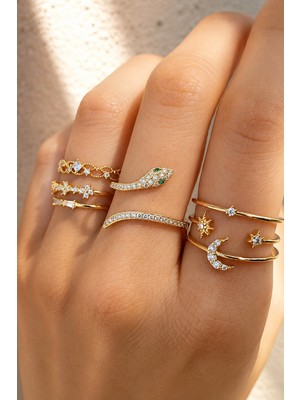 Trend Collection Kadın Altın Renk 7'li Yüzük Seti Taşlı Yılan Ay ve Yıldız Tasarımlı