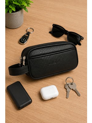 Viatox Ar-01 Erkek Siyah Suya Dayanıklı Suni Vegan Deri Traşlık Bakım Seyahat El Çantası Portföy/clutch Siyah