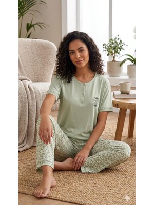 Bursa Pijama Kadın Kısa Kol Altı Uzun Ring Viskon Çiçek Desen Pijama Takımı