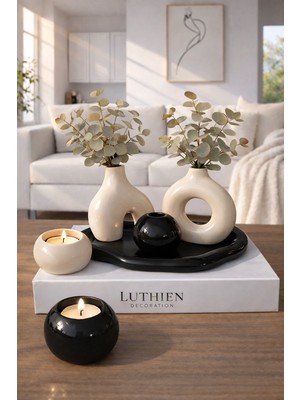 Luthien Minimal Dekoratif Tepsili Vazo Şamdan Seti
