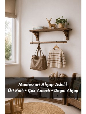 Moola Ahşap Duvar Askılığı Üst Raflı Montessori Çocuk Askılığı Elbise Askısı