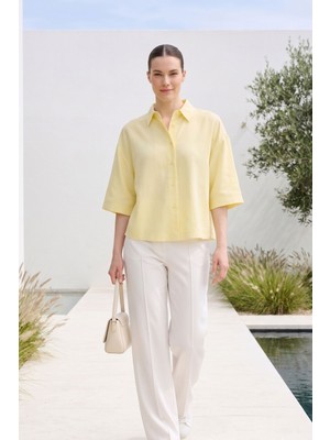 Lupinn Kadın Sarı Oversize Gömlek Yazlık Düğmeli Rahat Kalıp Keten Görünümlü Basic Casual Old Money Quiet Luxury Gömlek