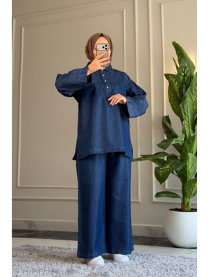 Suede Style 6564 - Şık Rahat Ince Yumuşak Kot Kumaş Kadın Pantolon Tunik Takımı