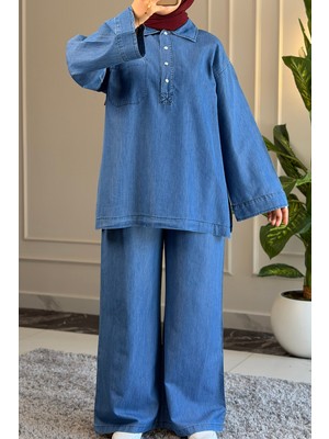 Suede Style 6564 - Şık Rahat Ince Yumuşak Kot Kumaş Kadın Pantolon Tunik Takımı