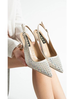 Dabab Shoes Merıa Kadın Altın 7 cm Sivri Burun Kristal Taş Işlemeli Slingback Topuklu Ayakkabı
