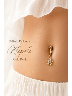 Sacce Scarves & Accessories Deliksiz Klipsli Çiçek Göbek Piercing Renk Taşlı Sıkıştırmalı Göbek Takısı