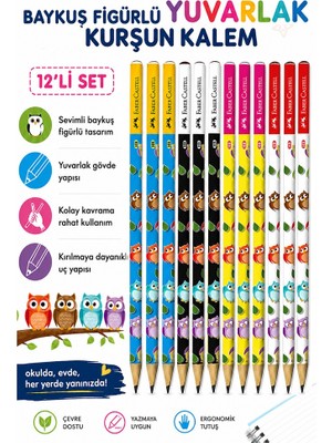 Artlantis Baykuş Kurşun Kalem 12 Adet Faber Castell Yuvarlak Gövdeli Siyah Kurşun Kalem Yumuşak Yazım Kolay Tutuş Kaliteli Okul