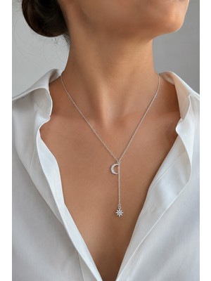 Trend Collection Kadın Gümüş Renk Taşlı Ay Yıldız Figürlü Sallantılı Y Kolye