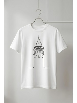 Maison De Mode Beyaz Istanbul Temalı Minimal Çizgisel Galata Baskılı Tişört