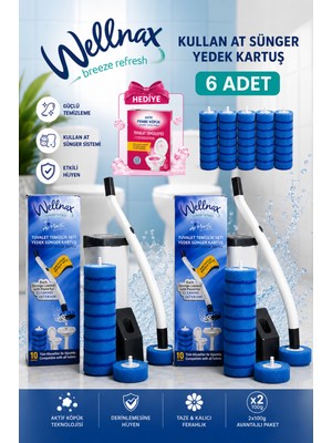 Wellnax Breeze Refresh 2 Adet Tuvalet Temizlik Seti+60 Adet Kullan At Adet Deterjanlı Tuvalet Yedek+Pembe Köpük Hediye