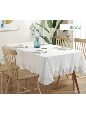 Empressco Beyaz Fırfırlı Naturel Vintage Masa ve Koltuk Örtüsü