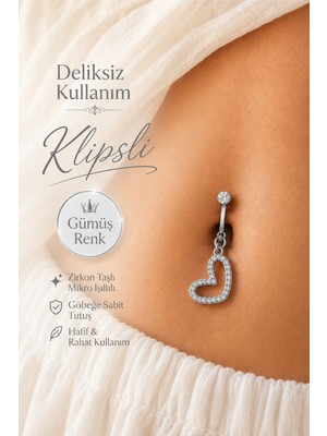 Sacce Scarves & Accessories Deliksiz Klipsli Asimetrik Kalp Figürlü Göbek Piercing Taşlı Sıkıştırmalı Göbek Takısı