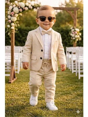 Baby Kids Colors Flamlı Keten Salaş Ceketli Takım Elbise/gömlek Pantolon Ceket Papyon (Ay Grubu Zıbınlı)