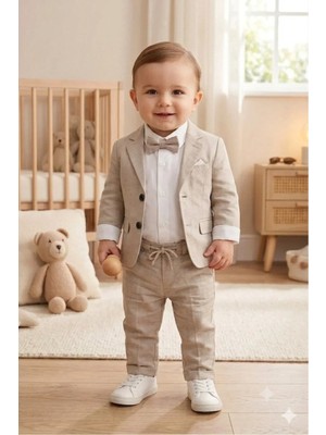 Baby Kids Colors Flamlı Keten Salaş Ceketli Takım Elbise/gömlek Pantolon Ceket Papyon (Ay Grubu Zıbınlı)