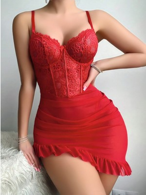 Budi Home Kadın Kırmızı Asimetrik Kesim Transparan Fantezi Gecelik 2303