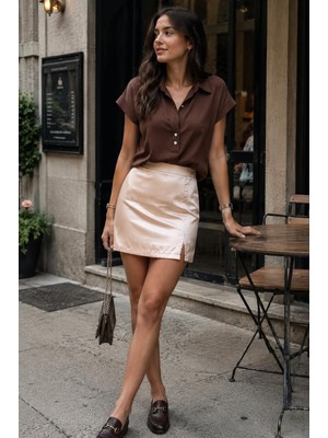 Noya Atelier Yırtmaç Detaylı Taş Rengi Saten Etek
