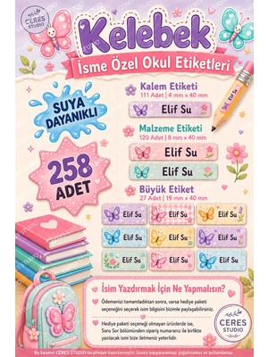 Ceres Studio Okul Etiketi Kalem Defter Isimli Etiket Isim Yazılabilen Kelebek Temalı - 258 Adet Özel Yeni Tasarım