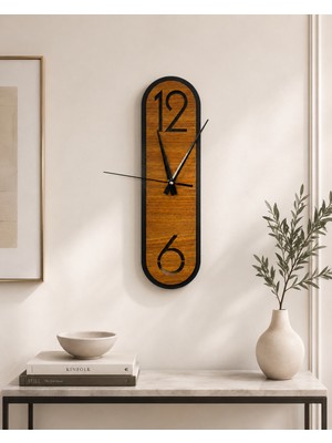 Karbonsoft Modern Ahşap Ceviz Rengi Desenli Siyah Çerçeveli Sessiz Duvar Saati 40 × 11 cm