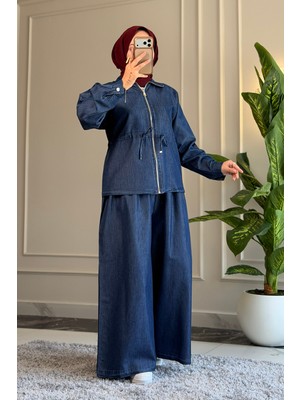 Suede Style 6519 - Rahat Salaş Ince Bel Büzgü Detaylı Kadın Kot Ceket Pantolon Takımı
