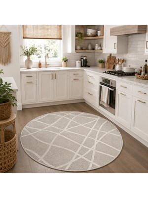 Halı Sepeti Modern Sisal 8002 Bej Krem Daire Leke Tutmayan Kaymaz Taban Salon Mutfak Koridor Balkon Halısı